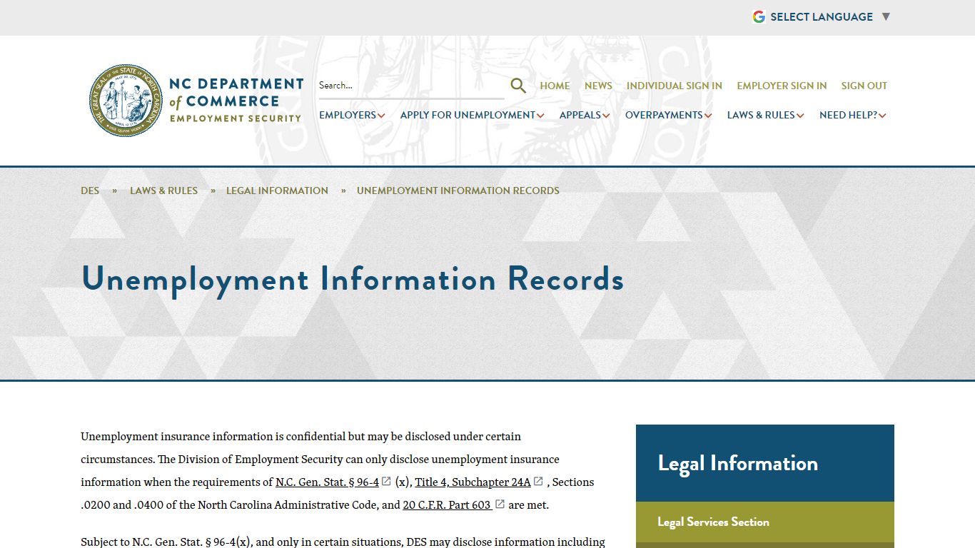 DES: Unemployment Information Records - NC