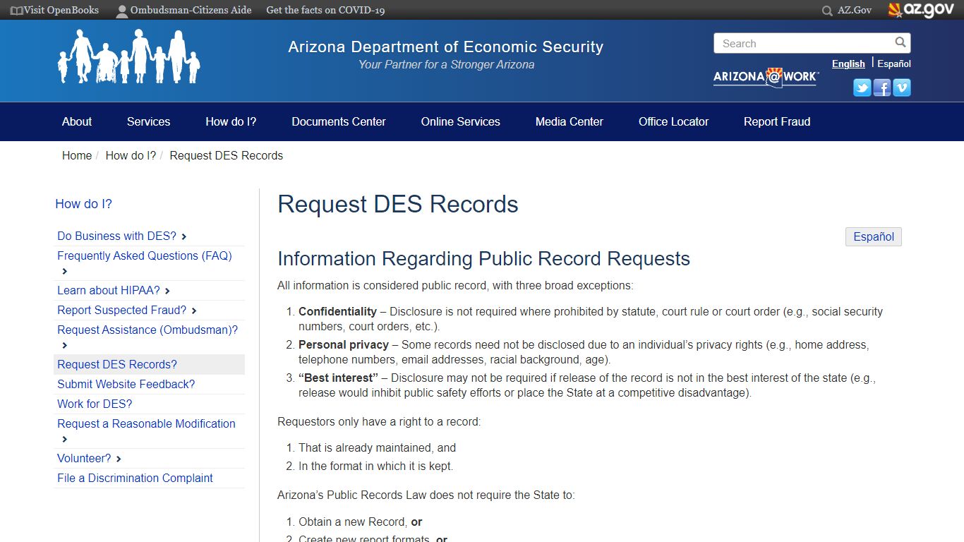 Request DES Records | Arizona Department of Economic Security